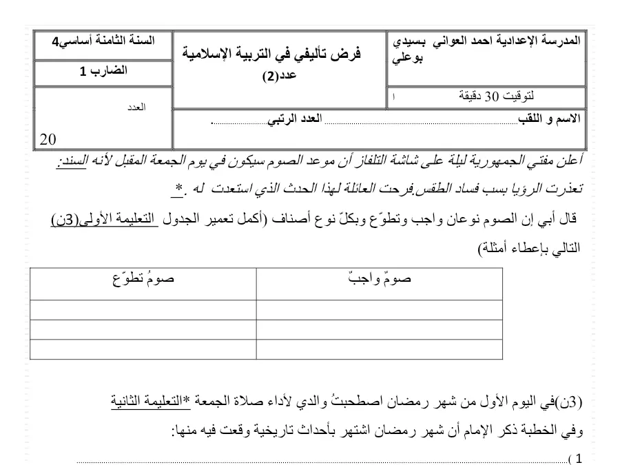 فرض الثلاثي الثاني التربية الإسلامية السنة الثامنة أساسي – النموذج العاشر