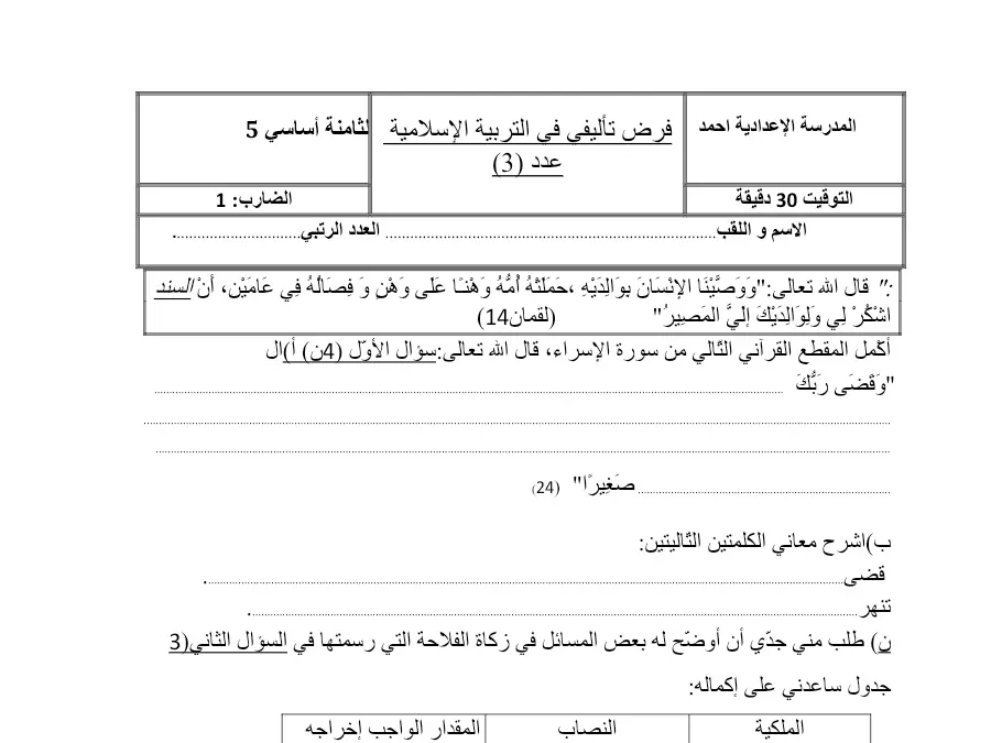 نموذج فرض الثلاثي الثالث في مادة التربية الإسلامية السنة الثامنة أساسي عدد 9