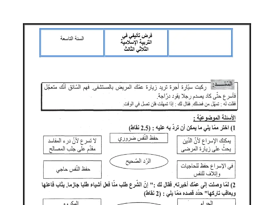 نموذج فرض تأليفي الثلاثي الأول في مادة التربية الإسلامية السنة التاسعة أساسي عدد 2
