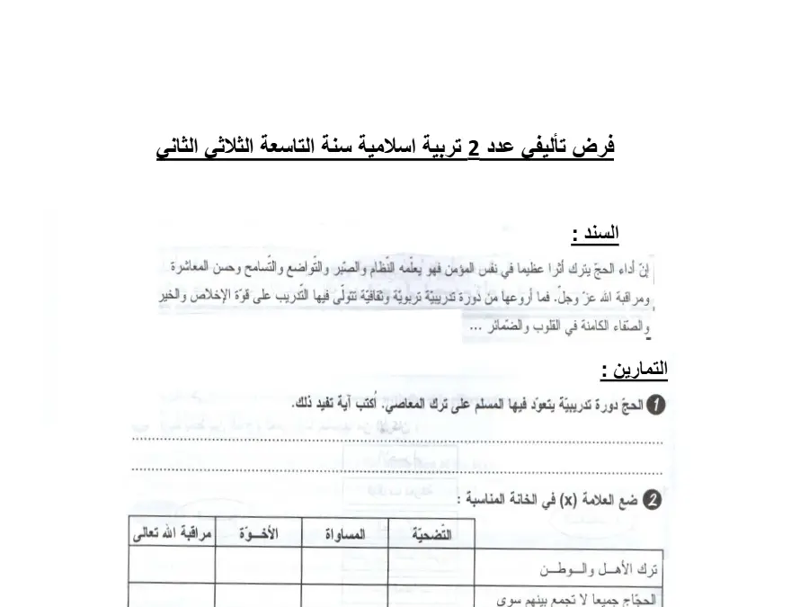 الفرض التأليفي الثلاثي الثاني في مادة التربية الإسلامية السنة التاسعة أساسي عدد 8