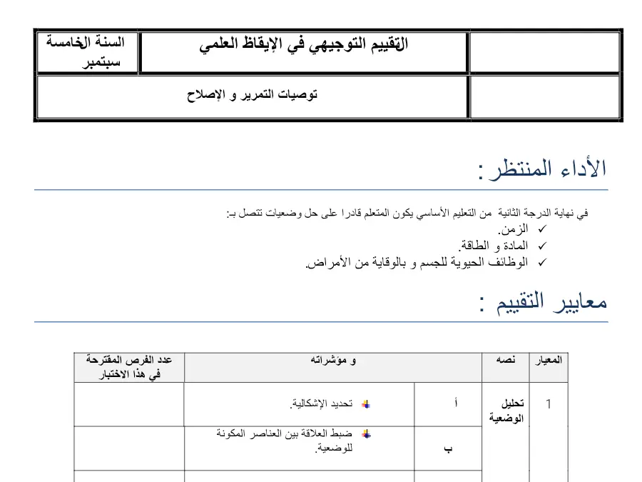 نموذج 14: فرض الثلاثي الأول الإيقاظ العلمي السنة الخامسة ابتدائي