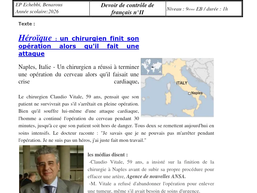 الفرنسية – فرض مراقبة الثلاثي الثاني لتلاميذ السنة التاسعة أساسي رقم 10