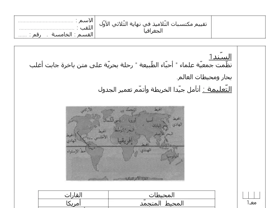 فرض الثلاثي الأول الجغرافيا السنة الخامسة ابتدائي – النموذج الثالث