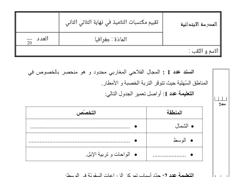 نموذج فرض الثلاثي الثاني في مادة الجغرافيا السنة السادسة ابتدائي عدد 2