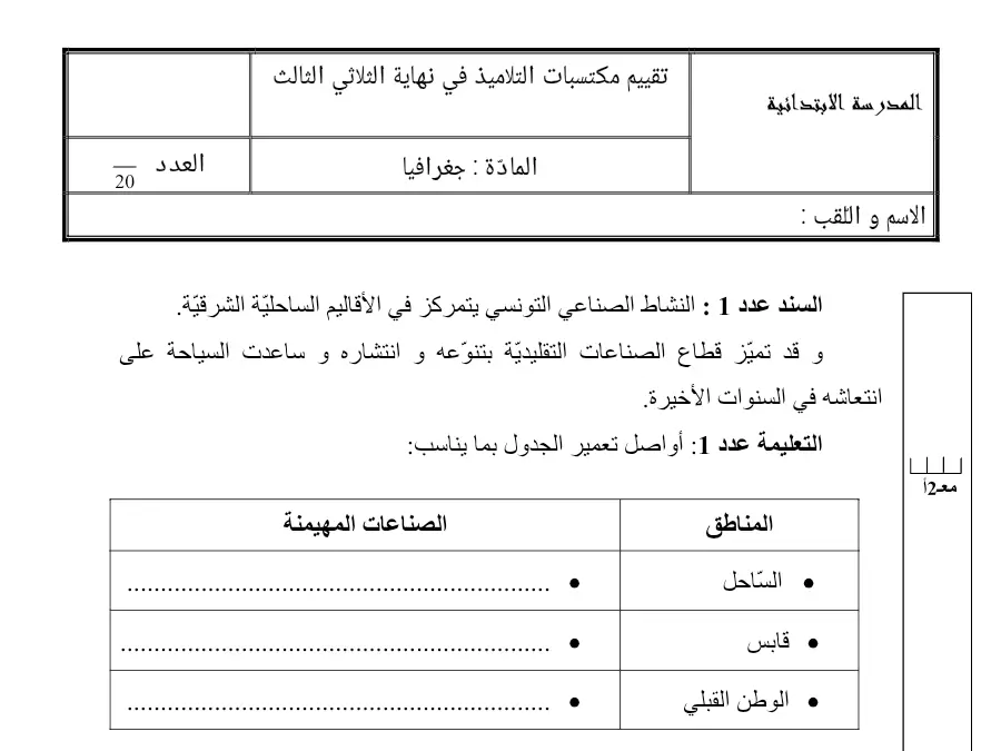 السنة السادسة ابتدائي: فرض الثلاثي الثالث الجغرافيا (الموضوع الخامس)