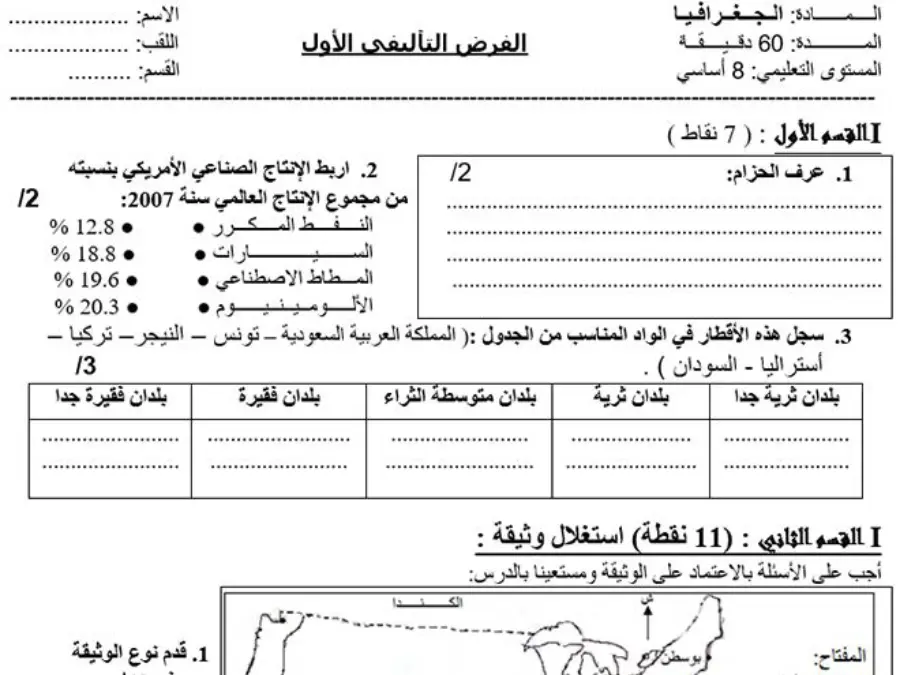 الجغرافيا – موضوع امتحان الثلاثي الأول لتلاميذ السنة الثامنة أساسي رقم 6
