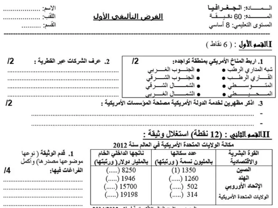 فرض الثلاثي الأول في مادة الجغرافيا السنة الثامنة أساسي عدد 7