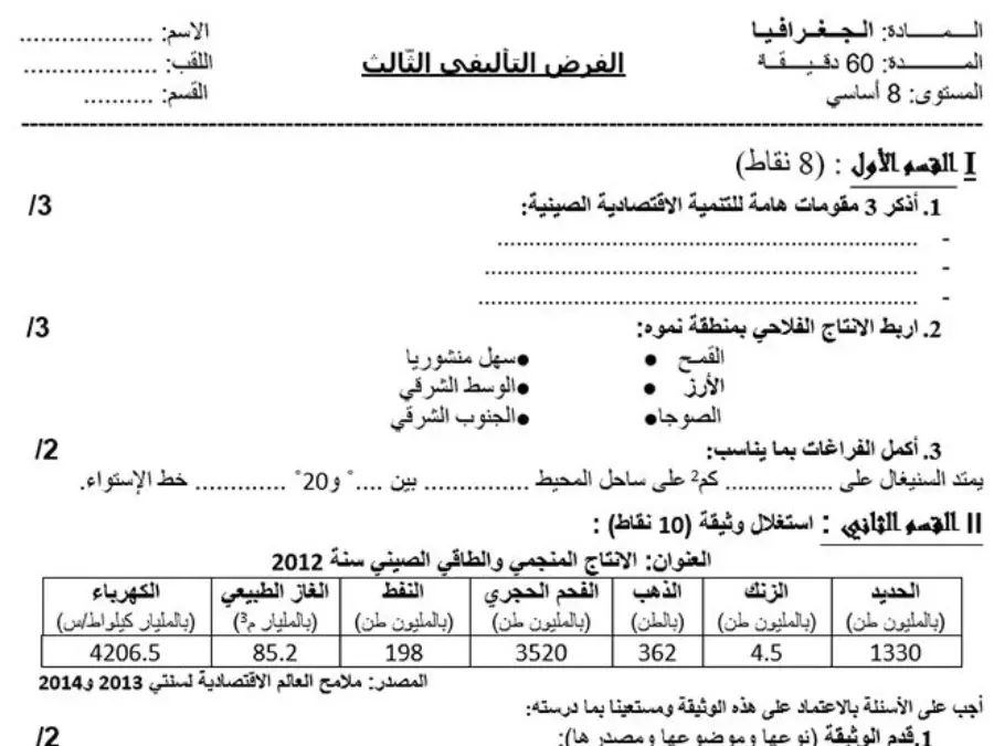 فرض الثلاثي الثالث الجغرافيا السنة الثامنة أساسي – النموذج الأول