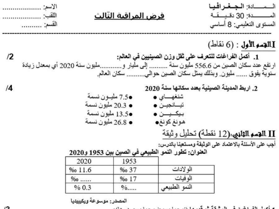 نموذج 4: فرض المراقبة الثلاثي الثالث الجغرافيا السنة الثامنة أساسي