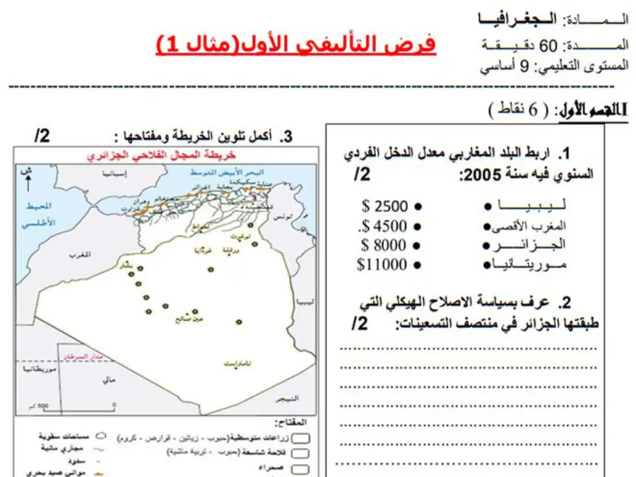 الجغرافيا – نموذج فرض تأليفي الثلاثي الأول لتلاميذ السنة التاسعة أساسي رقم 1
