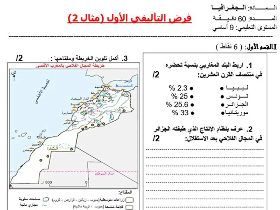 الفرض التأليفي الثلاثي الأول الجغرافيا الخاص بالسنة التاسعة أساسي – الثالث