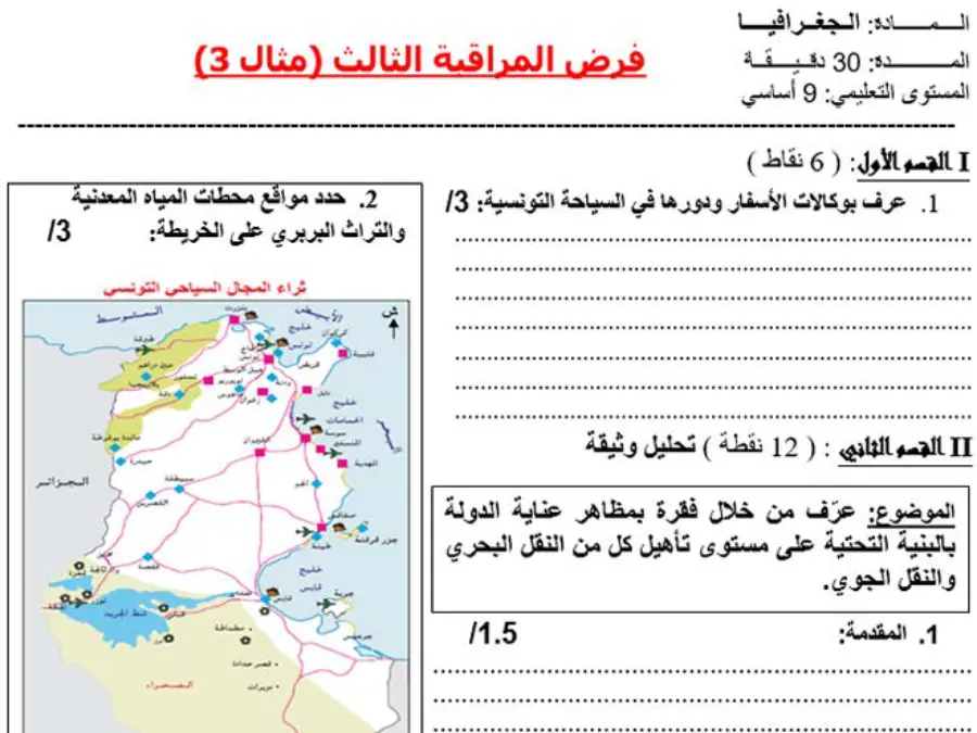 نموذج فرض مراقبة الثلاثي الثالث الجغرافيا الخاص بالسنة التاسعة أساسي – الأول