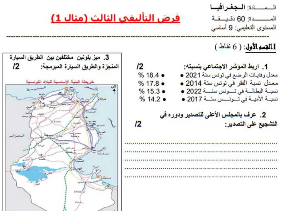 الفرض التأليفي الثلاثي الثالث الجغرافيا السنة التاسعة أساسي – نموذج 3