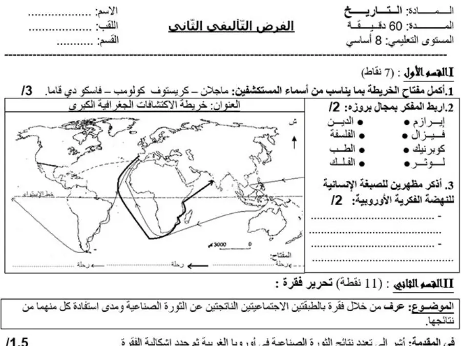 التاريخ – نموذج فرض الثلاثي الثاني لتلاميذ السنة الثامنة أساسي رقم 2