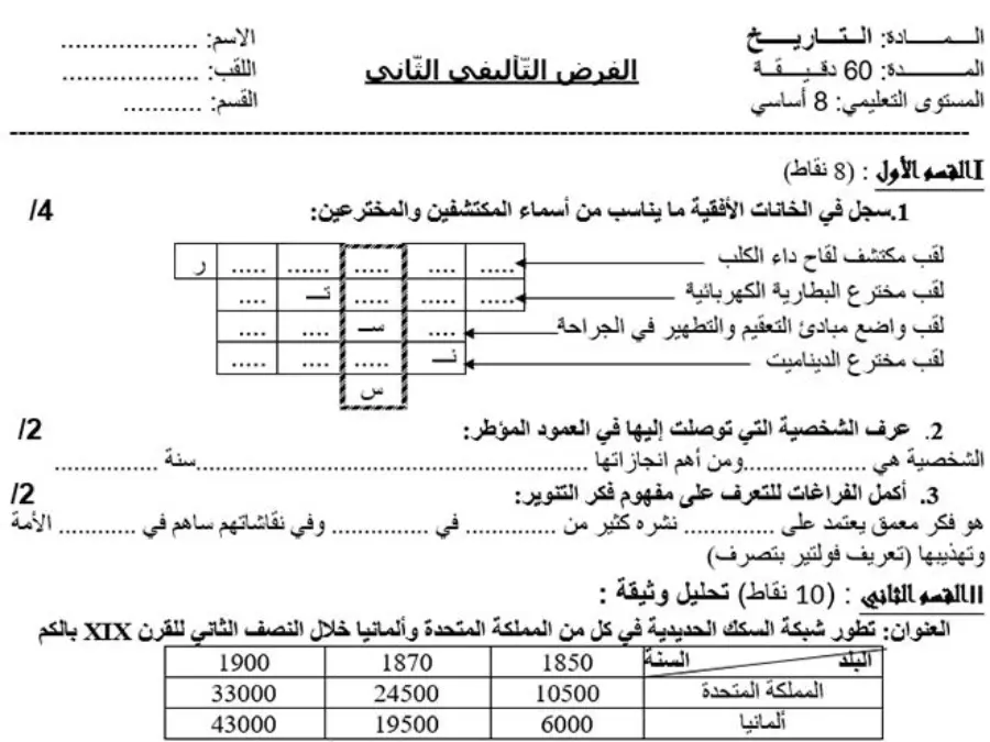 نموذج فرض الثلاثي الثاني في مادة التاريخ السنة الثامنة أساسي عدد 3