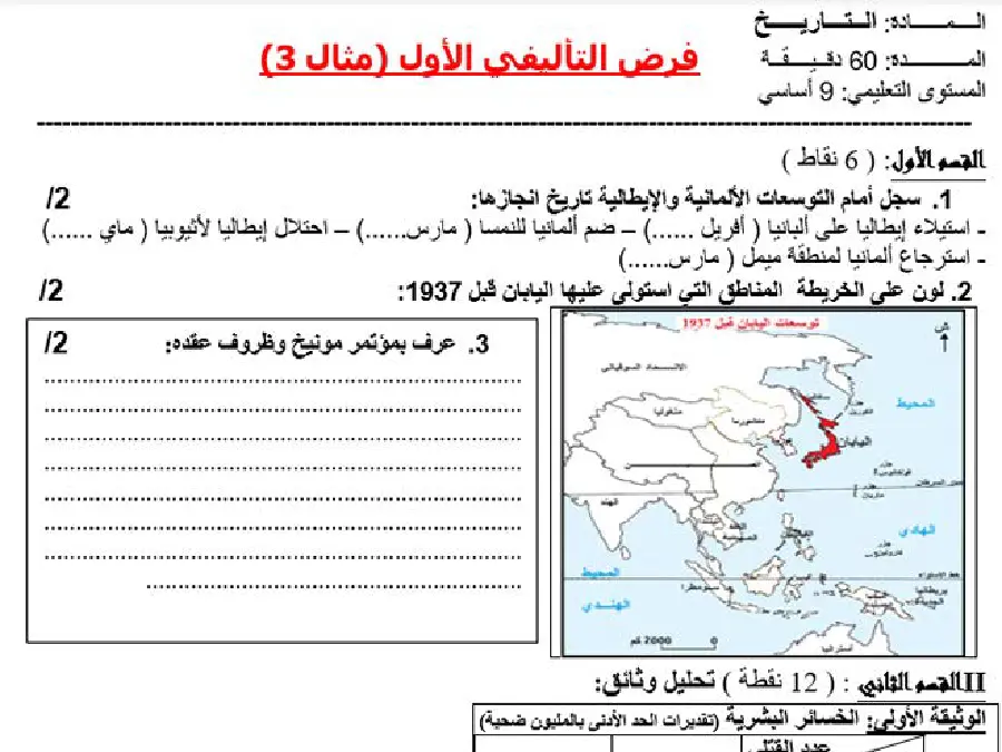نموذج فرض تأليفي الثلاثي الأول في مادة التاريخ السنة التاسعة أساسي عدد 1