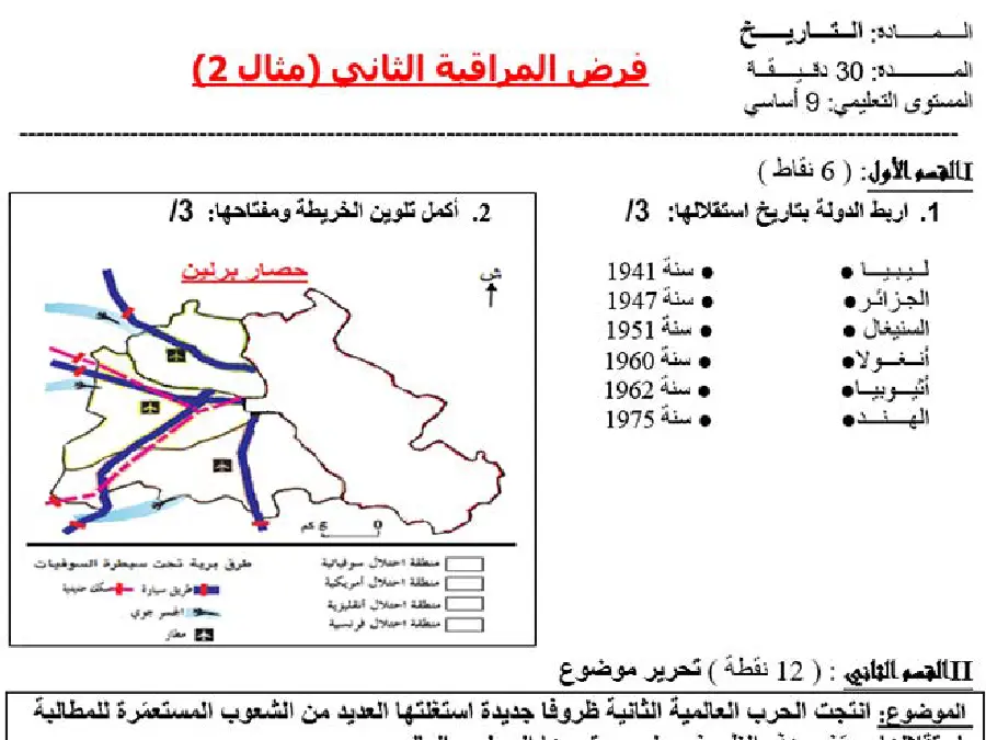 السنة التاسعة أساسي: فرض مراقبة الثلاثي الثاني التاريخ (الموضوع السادس)
