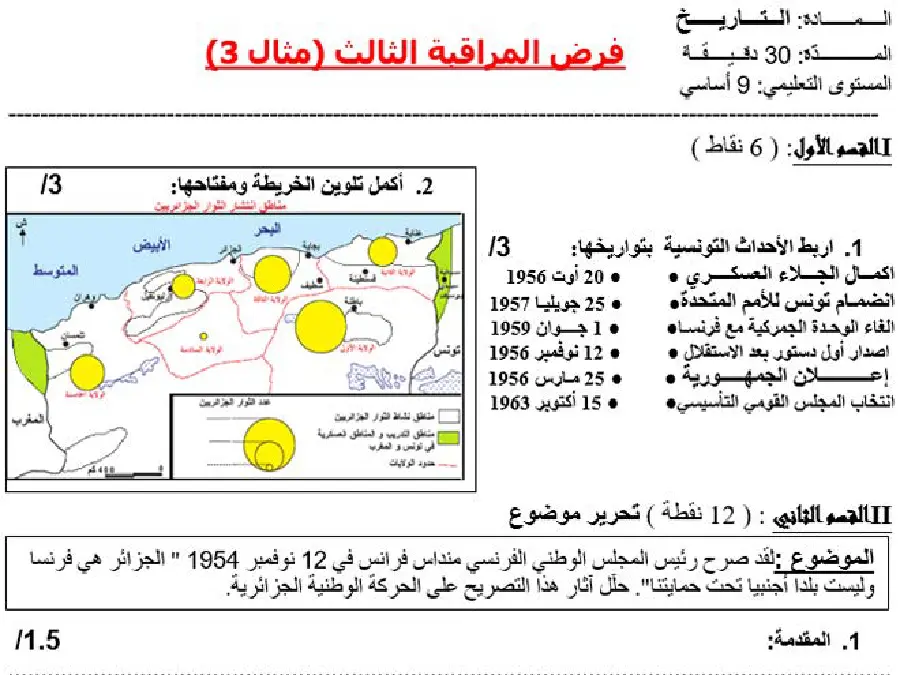 نموذج فرض مراقبة الثلاثي الثالث في مادة التاريخ السنة التاسعة أساسي عدد 1