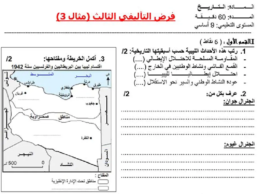 الفرض التأليفي الثلاثي الثالث التاريخ السنة التاسعة أساسي – نموذج 1