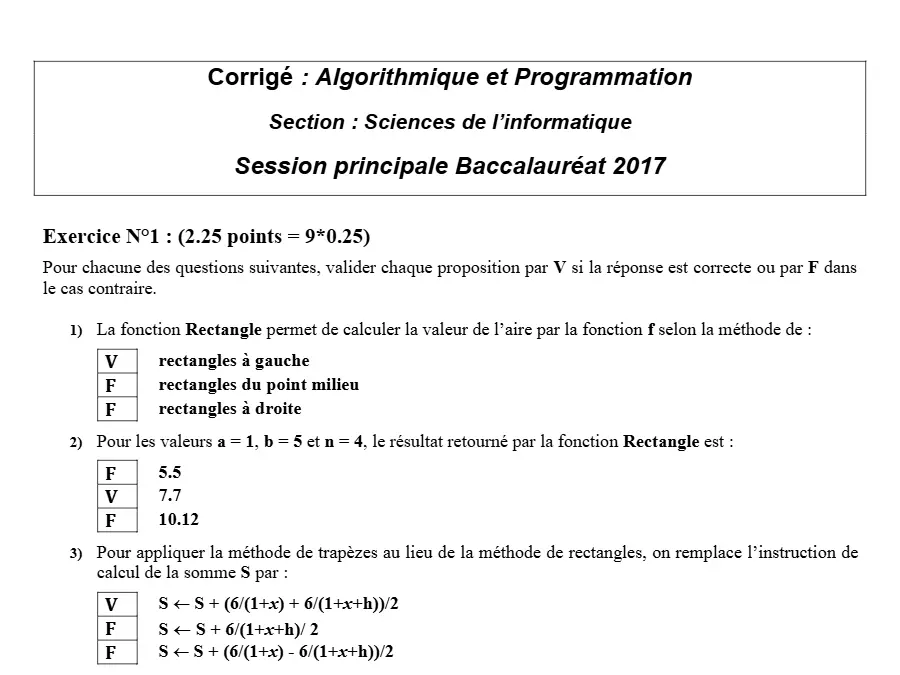 اختبار الإعلامية البكالوريا حول N°1: (2.25 points = 9*0.25)