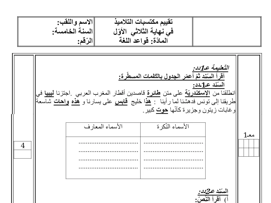نموذج فرض الثلاثي الأول قواعد اللغة الخاص بالسنة الخامسة ابتدائي – الثاني