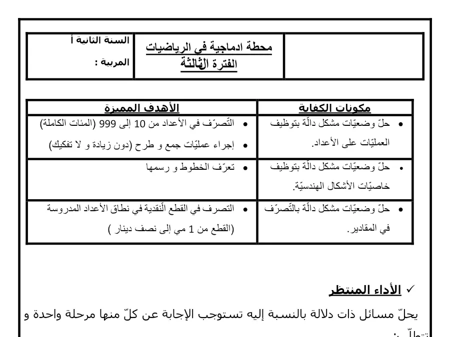 نموذج فرض الثلاثي الثالث في مادة الرياضيات السنة الثانية ابتدائي عدد 23