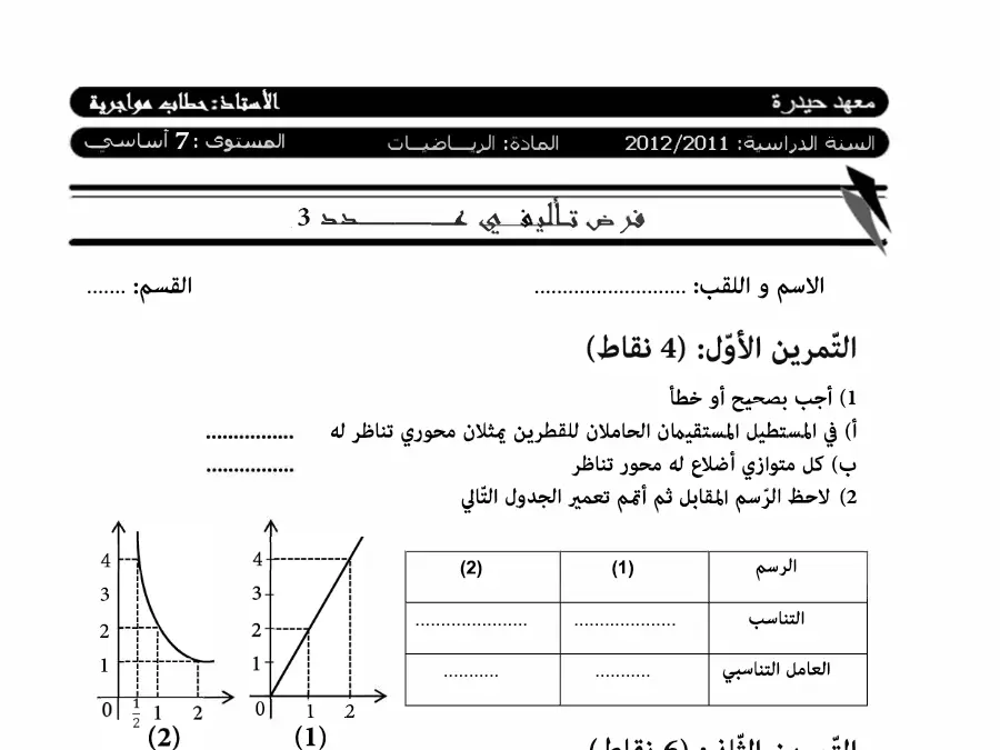 فرض الثلاثي الثالث الرياضيات 2011-2012 السنة السابعة أساسي – نموذج 4