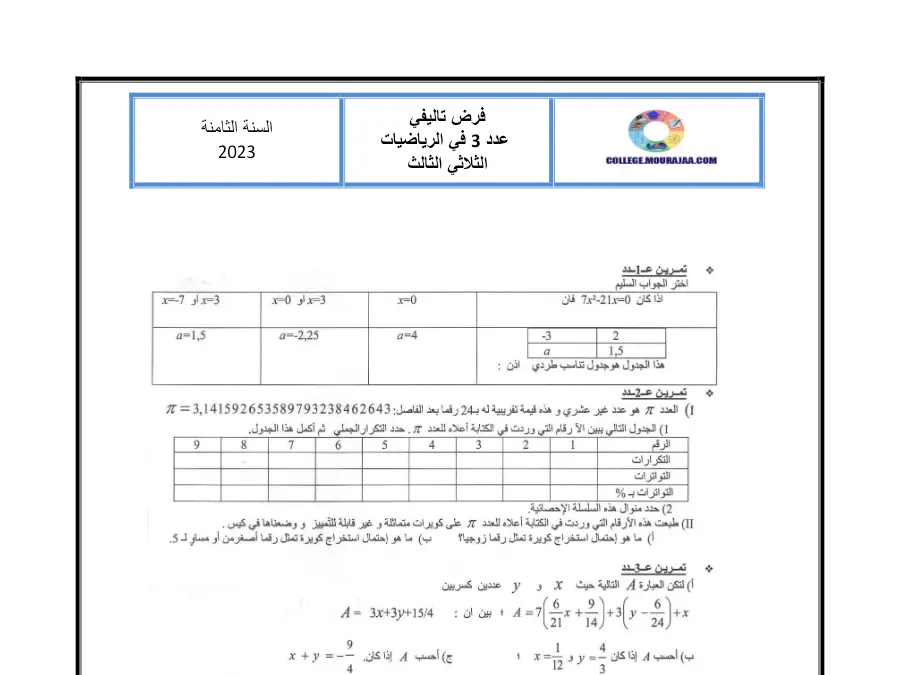السنة الثامنة أساسي: موضوع امتحان الثلاثي الثالث الرياضيات (الموضوع الأول)