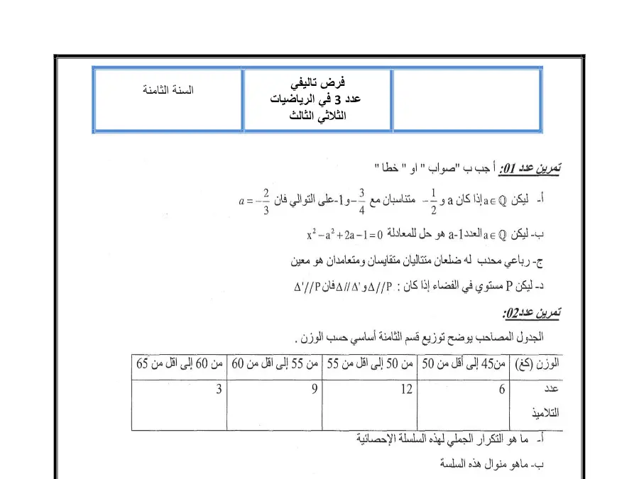 فرض الثلاثي الثالث الرياضيات الخاص بالسنة الثامنة أساسي – السابع