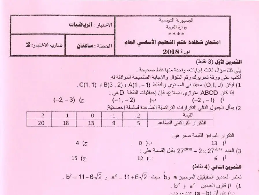 اختبار الرياضيات السنة التاسعة أساسي – النموذج 29