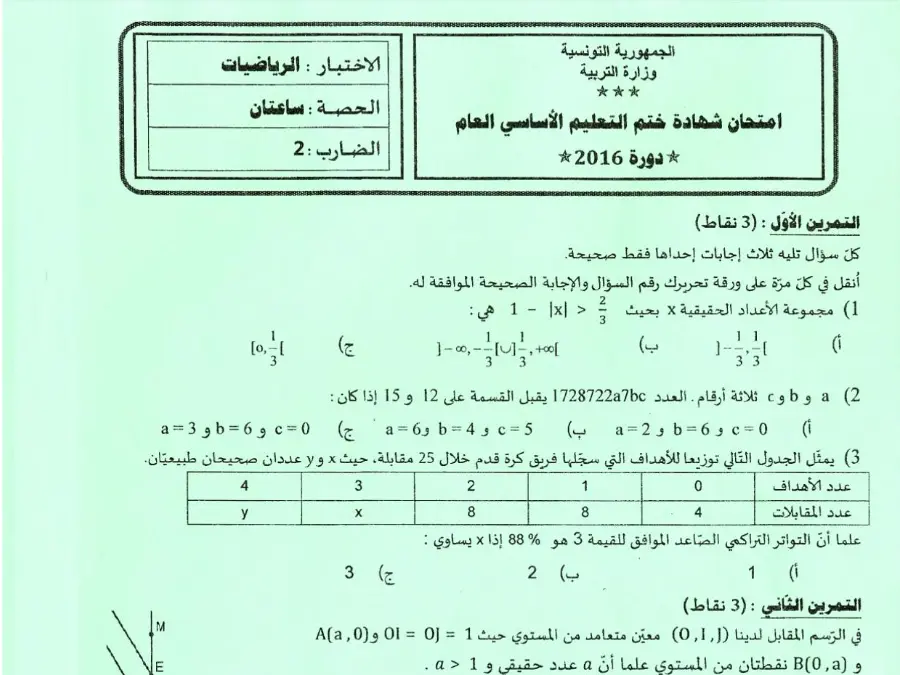 الرياضيات – امتحان لتلاميذ السنة التاسعة أساسي رقم 72