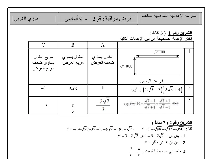 الرياضيات – فرض مراقبة الثلاثي الأول لتلاميذ السنة التاسعة أساسي رقم 41