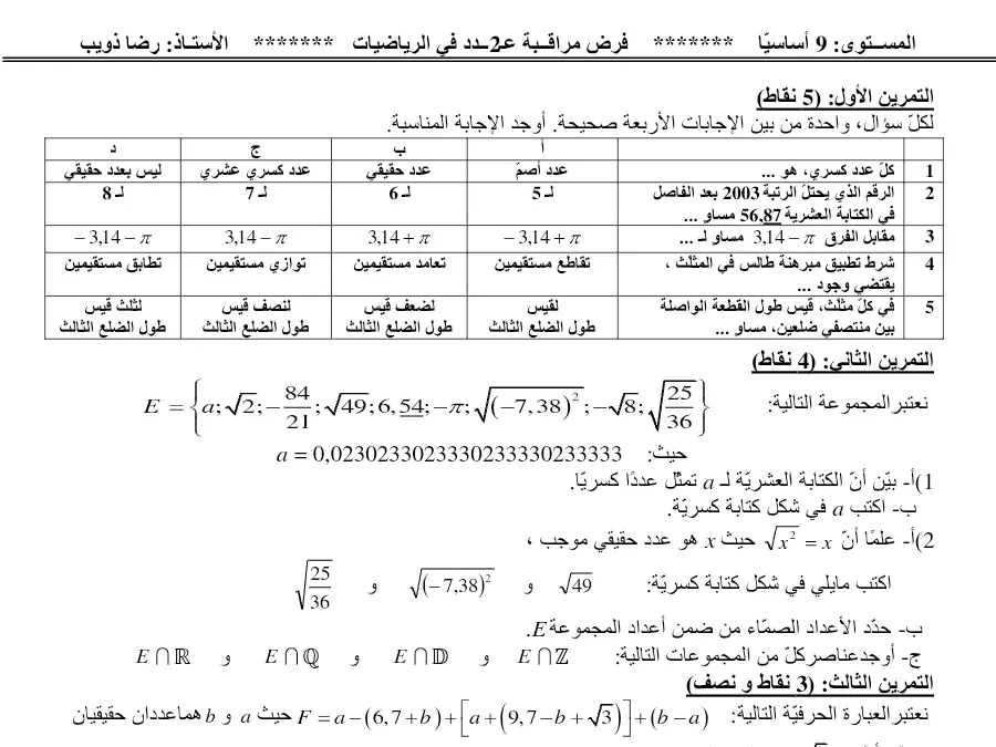 نموذج فرض مراقبة الثلاثي الأول في مادة الرياضيات السنة التاسعة أساسي عدد 54