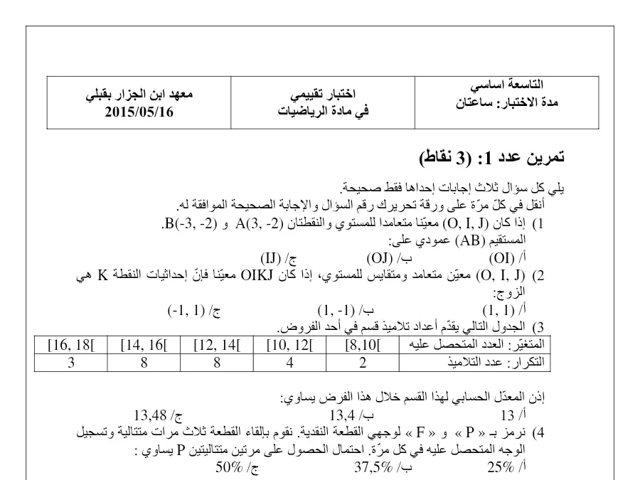 نموذج فرض مراقبة الثلاثي الثاني الرياضيات السنة التاسعة أساسي: (: 3 نقاط)