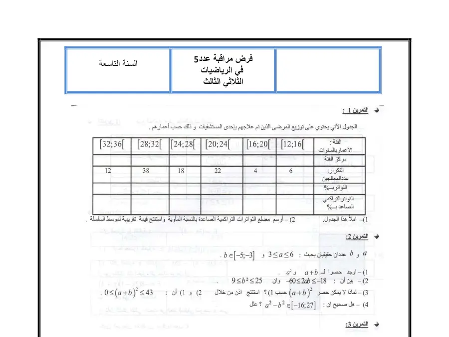 نموذج 11: فرض المراقبة الثلاثي الثالث الرياضيات السنة التاسعة أساسي