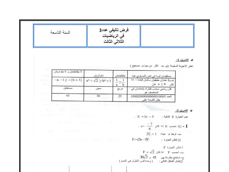 نموذج فرض تأليفي الثلاثي الثالث الرياضيات الخاص بالسنة التاسعة أساسي – 19
