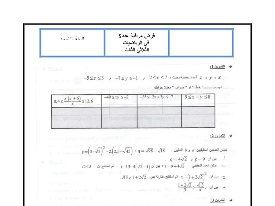 السنة التاسعة أساسي: نموذج فرض مراقبة الثلاثي الثالث الرياضيات (الموضوع 36)