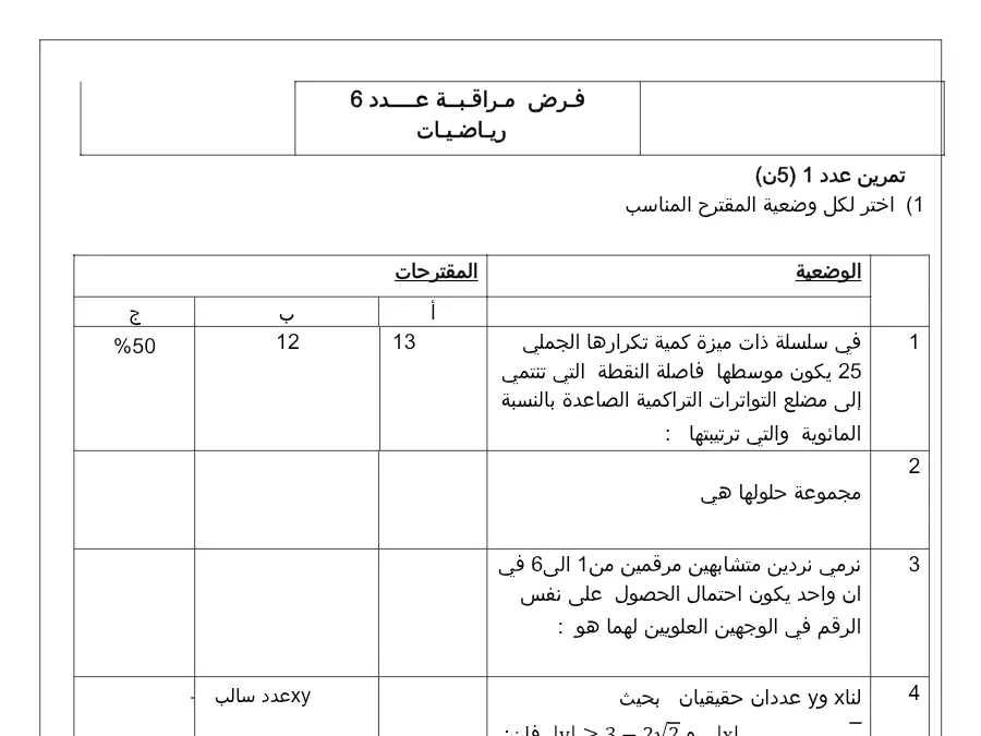 نموذج 43: فرض المراقبة الثلاثي الثالث الرياضيات السنة التاسعة أساسي