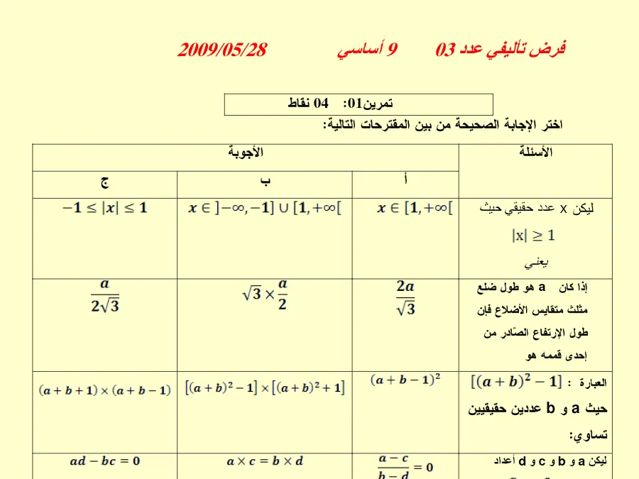 الرياضيات – الفرض التأليفي الثلاثي الثالث لتلاميذ السنة التاسعة أساسي رقم 5