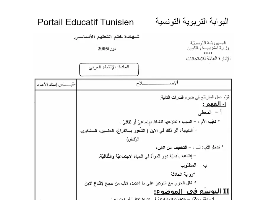 اختبار في مادة مواضيع شهادة ختم التعليم الأساسي في الإنشاء العربي السنة التاسعة أساسي عدد 84