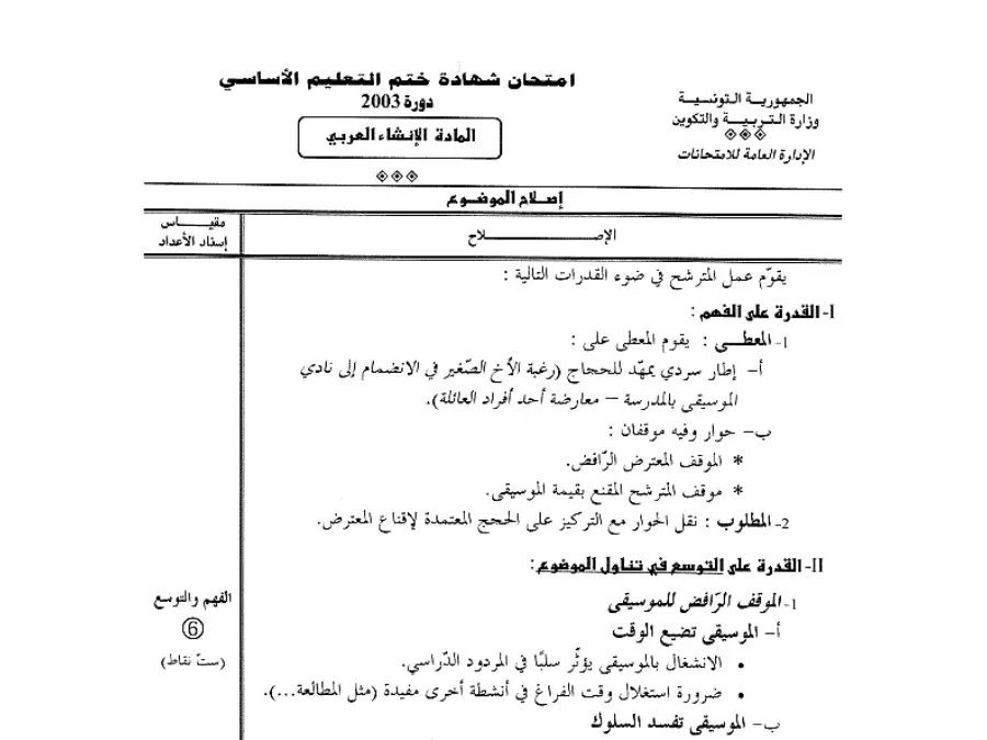 نموذج 88: اختبار مواضيع شهادة ختم التعليم الأساسي في الإنشاء العربي السنة التاسعة أساسي