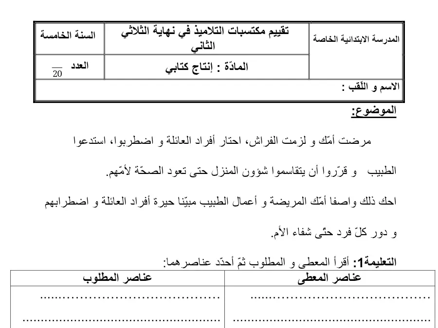 الإنتاج الكتابي – موضوع امتحان الثلاثي الثاني لتلاميذ السنة الخامسة ابتدائي رقم 9
