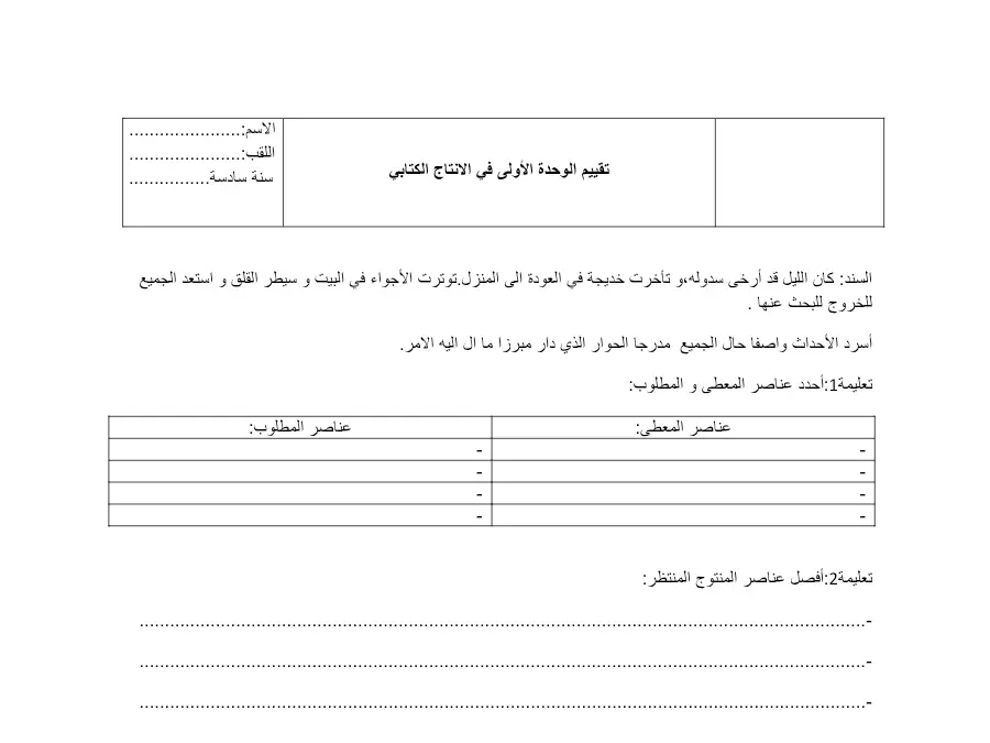 الإنتاج الكتابي – موضوع امتحان الثلاثي الأول لتلاميذ السنة السادسة ابتدائي رقم 8