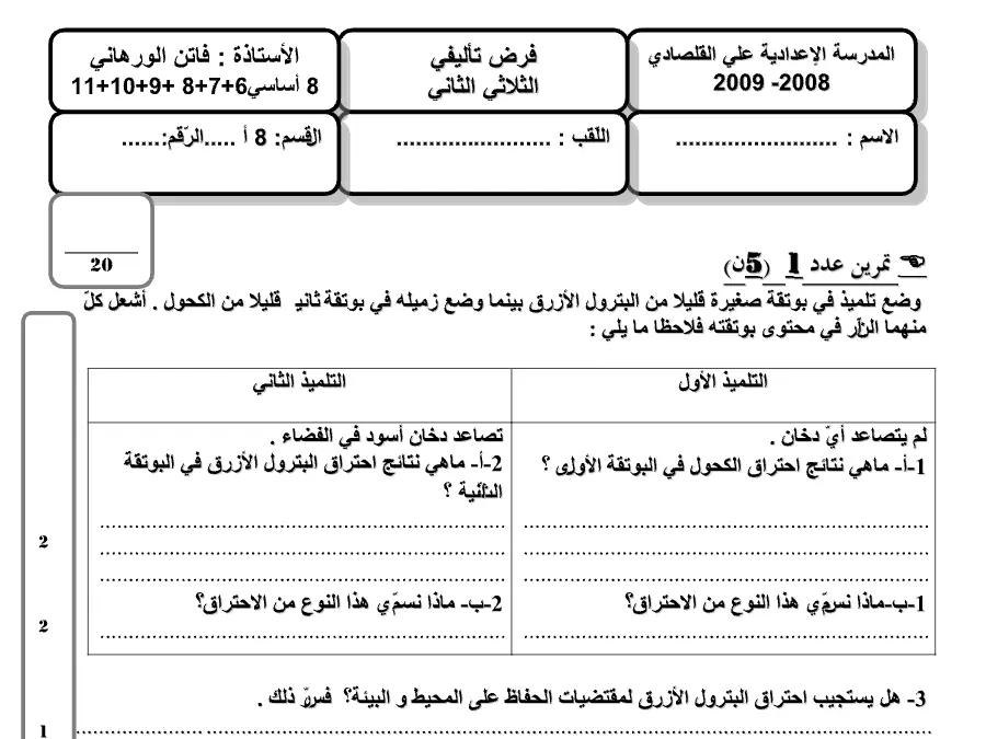 نموذج 23: فرض تأليفي الثلاثي الثاني العلوم فيزائية السنة الثامنة أساسي
