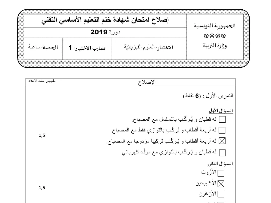 نموذج 23: موضوع امتحان العلوم الفيزيائية السنة التاسعة أساسي