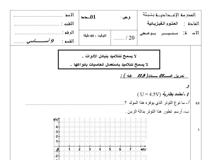 السنة التاسعة أساسي: الفرض التأليفي الثلاثي الأول العلوم الفيزيائية (الموضوع الثامن)