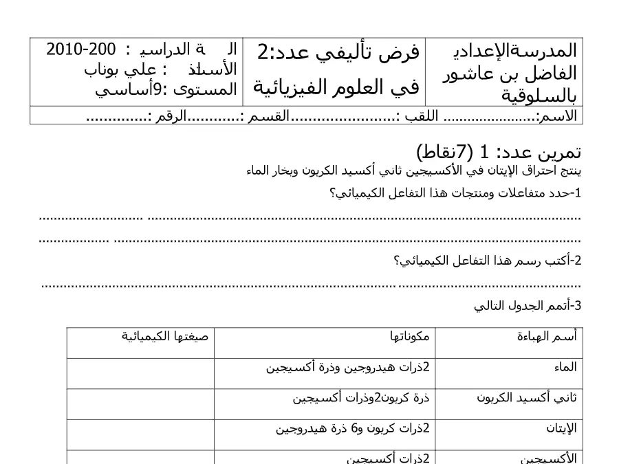 فرض تأليفي الثلاثي الثاني العلوم الفيزيائية السنة التاسعة أساسي – النموذج 12