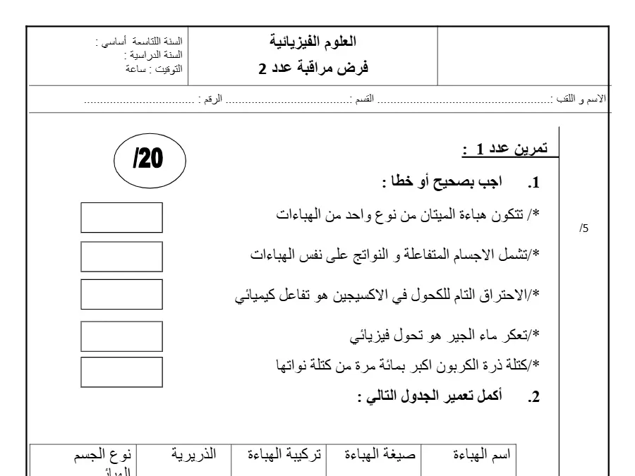 نموذج فرض مراقبة الثلاثي الثاني العلوم الفيزيائية الخاص بالسنة التاسعة أساسي – 18