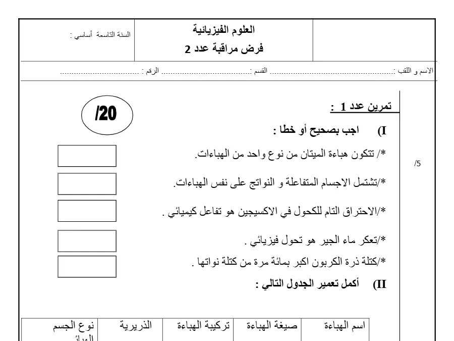 نموذج فرض مراقبة الثلاثي الثاني في مادة العلوم الفيزيائية السنة التاسعة أساسي عدد 24