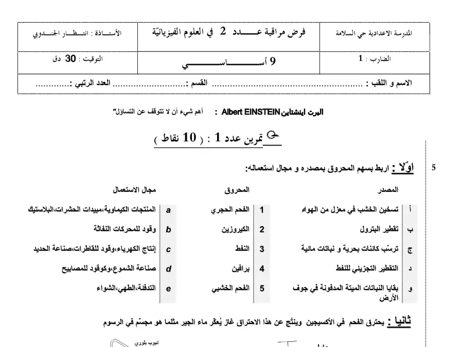 نموذج فرض مراقبة الثلاثي الثاني في مادة العلوم الفيزيائية السنة التاسعة أساسي عدد 26